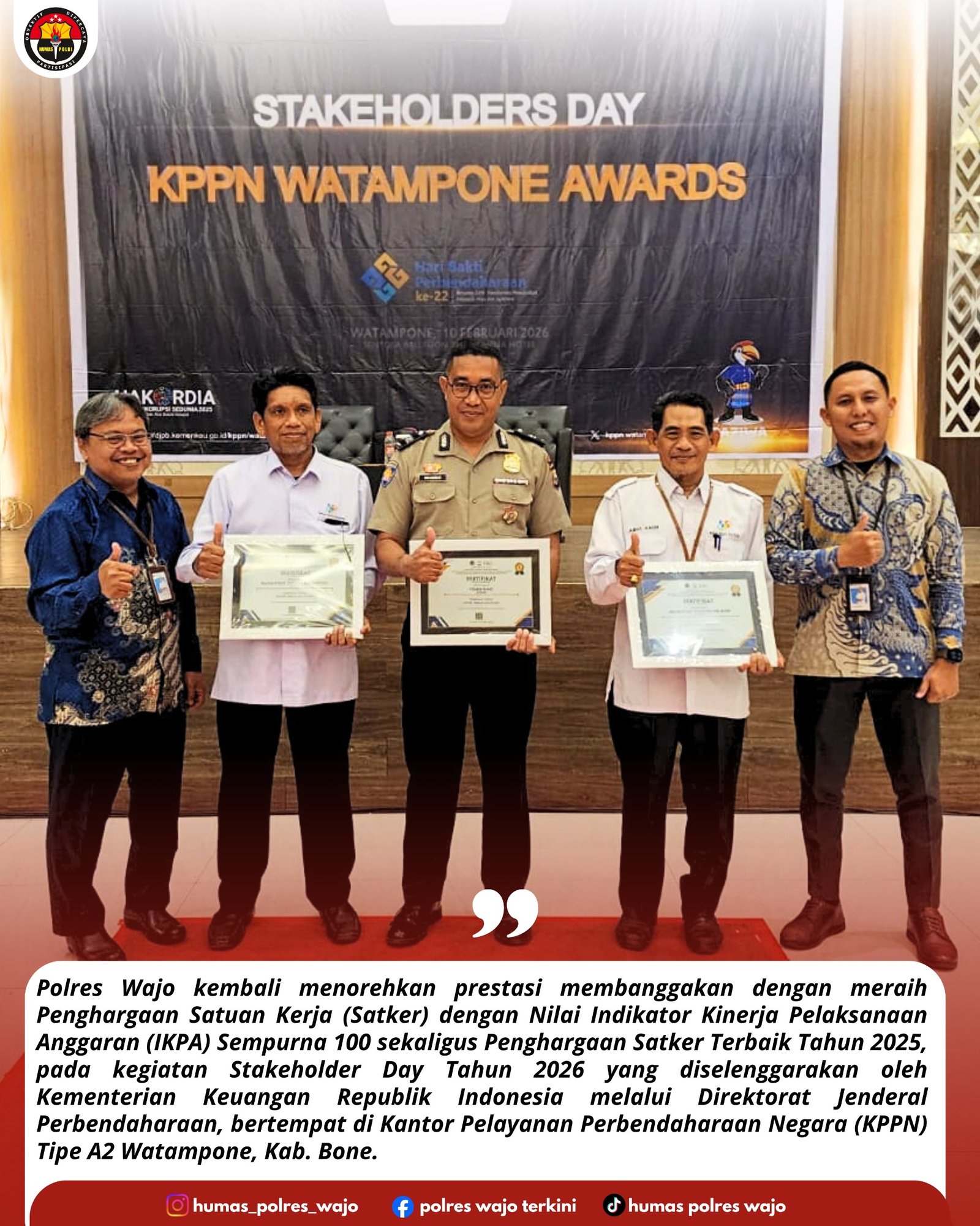 Polres Wajo Raih Penghargaan Satker dengan Nilai IKPA Sempurna dan Satker Terbaik Tahun 2025