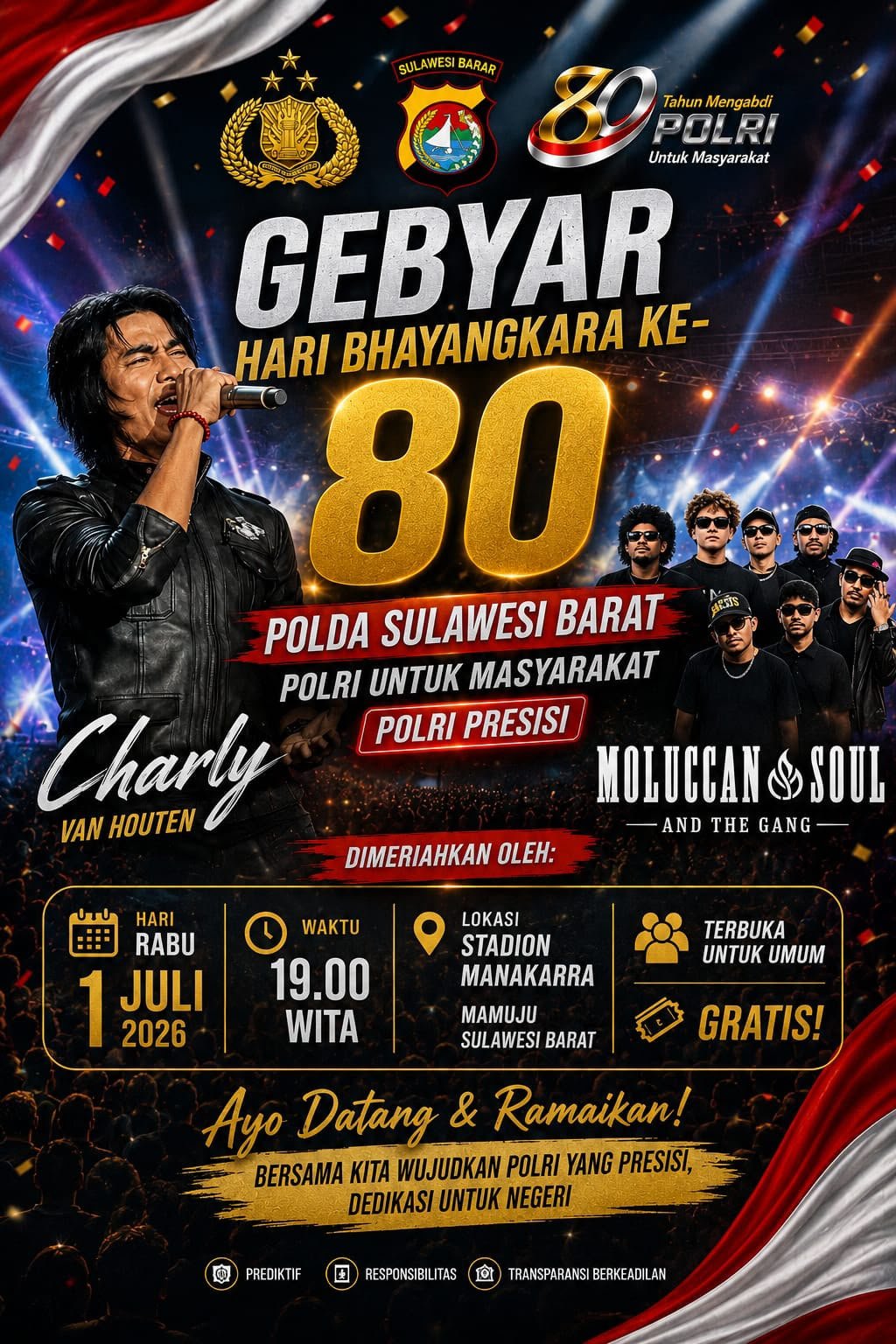 Gebyar HUT Bhayangkara ke‑80 Polda Sulbar: Charly Eks ST12 Siap Guncang Stadion Manakarra 1 Juli 2026, Gratis untuk Semua