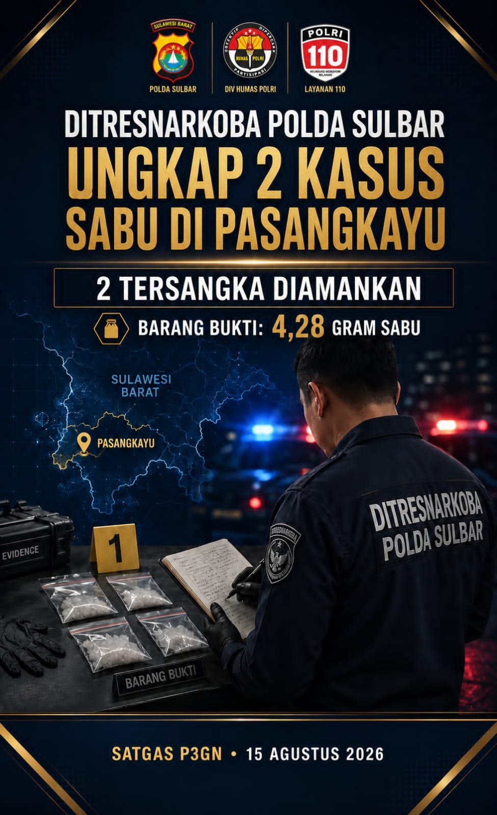 Ditresnarkoba Polda Sulbar Ungkap Dua Kasus Sabu di Pasangkayu, Sita 4,28 Gram Barang Bukti